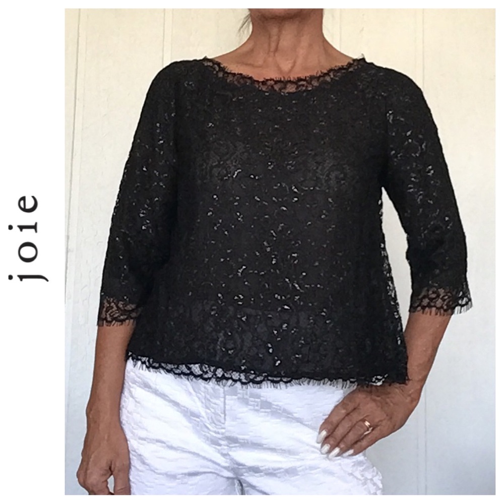 JOIE ANTONIA BLACK LACE BUTTON DOWN BACK TOP MEDIUM - Picture 3 of 14